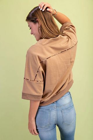 Taupe Western Embroidered Sweatshirt with Leopard Piping Details