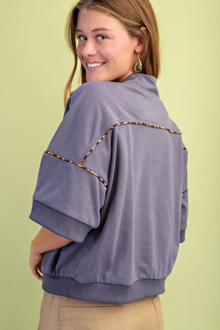 Cool Grey Western Embroidered Sweatshirt with Leopard Piping Details