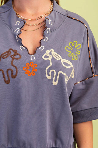 Cool Grey Western Embroidered Sweatshirt with Leopard Piping Details