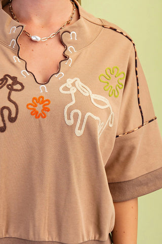 Taupe Western Embroidered Sweatshirt with Leopard Piping Details