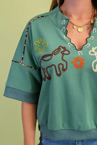 Dusty Sage Western Embroidered Sweatshirt with Leopard Piping Details