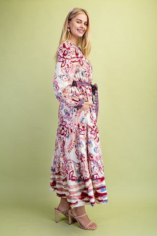 Watercolor Print Tiered Half Button Dress w/ Waist Tie and Pockets