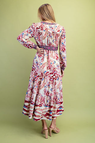 Watercolor Print Tiered Half Button Dress w/ Waist Tie and Pockets