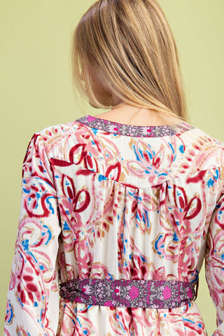 Watercolor Print Tiered Half Button Dress w/ Waist Tie and Pockets