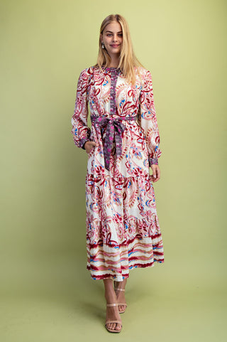 Watercolor Print Tiered Half Button Dress w/ Waist Tie and Pockets