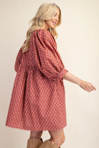 Terracotta Printed Mini Babydoll Dress with Pockets Final Sale