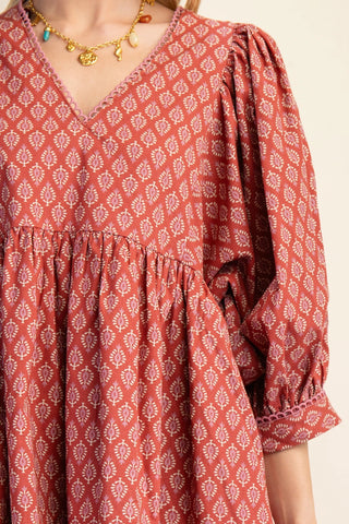 Terracotta Printed Mini Babydoll Dress with Pockets Final Sale