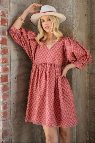 Terracotta Printed Mini Babydoll Dress with Pockets Final Sale