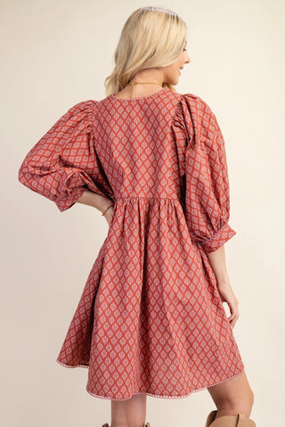 Terracotta Printed Mini Babydoll Dress with Pockets Final Sale
