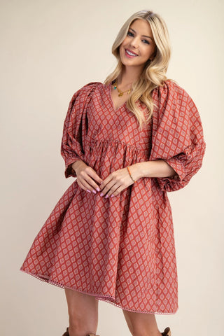 Terracotta Printed Mini Babydoll Dress with Pockets Final Sale