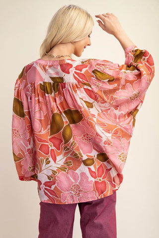 Coral Batwing Blouse with Mandarin Collar and Fabric Covered Buttons
