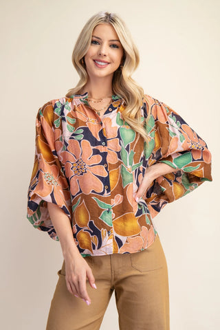 Navy Batwing Blouse with Mandarin Collar and Fabric Covered Buttons