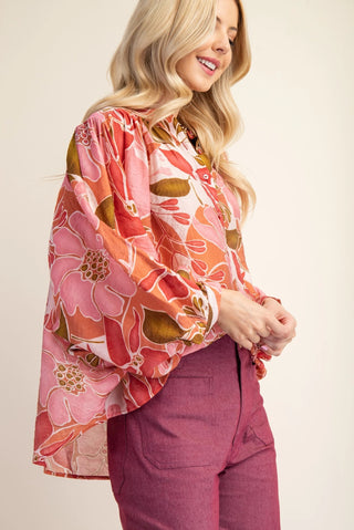 Coral Batwing Blouse with Mandarin Collar and Fabric Covered Buttons