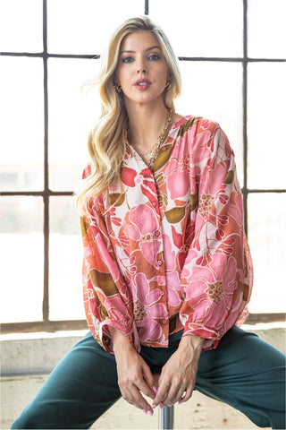 Coral Batwing Blouse with Mandarin Collar and Fabric Covered Buttons