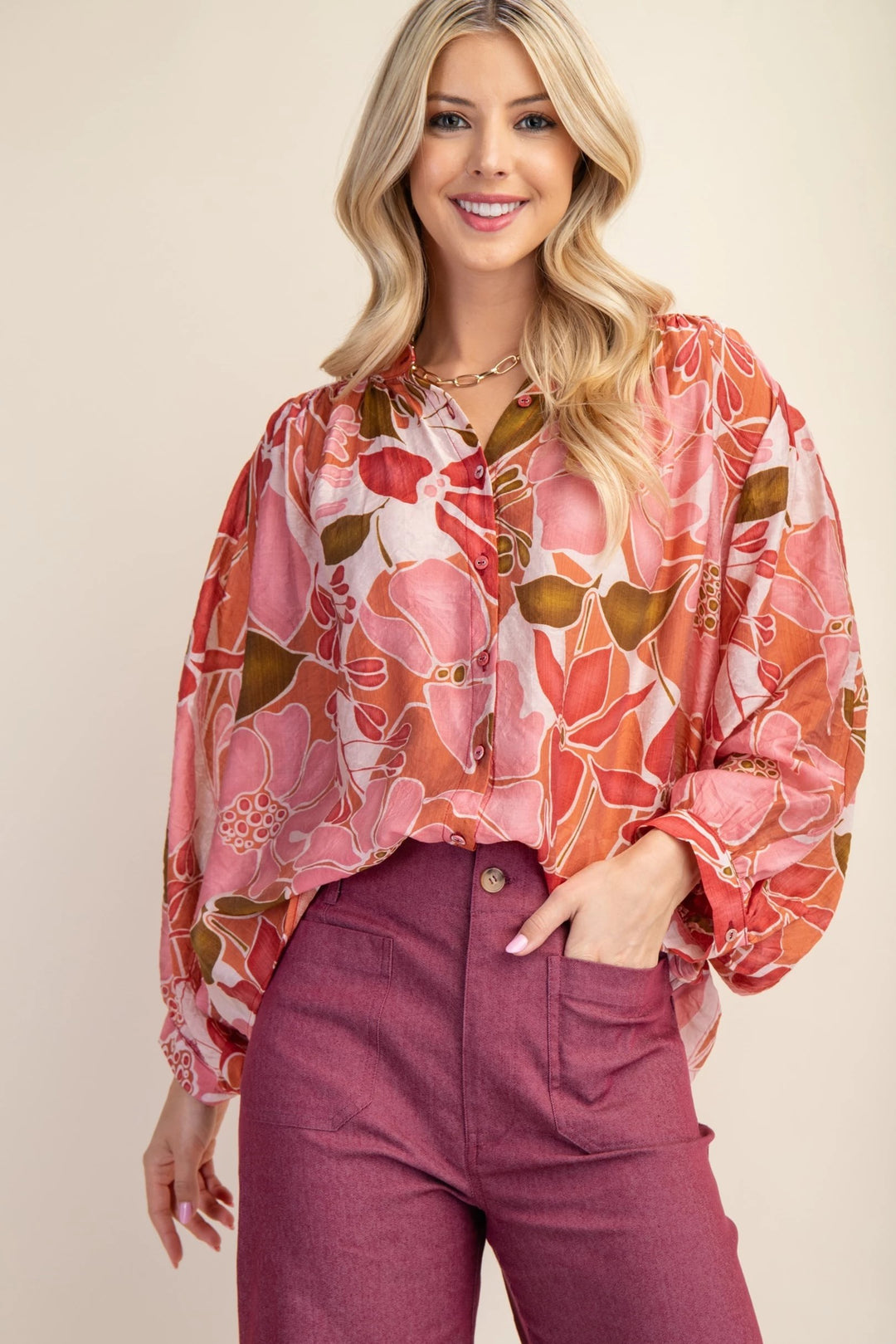 Coral Batwing Blouse with Mandarin Collar and Fabric Covered