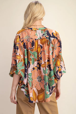Navy Batwing Blouse with Mandarin Collar and Fabric Covered Buttons