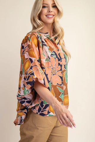 Navy Batwing Blouse with Mandarin Collar and Fabric Covered Buttons