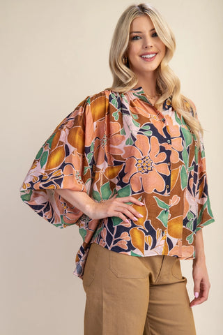 Navy Batwing Blouse with Mandarin Collar and Fabric Covered Buttons