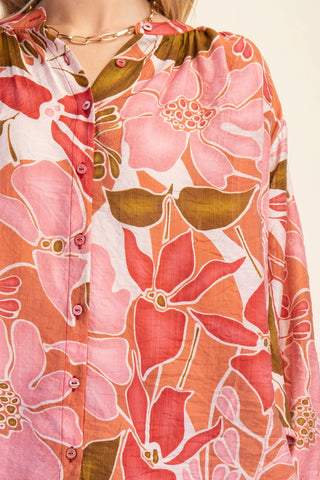 Coral Batwing Blouse with Mandarin Collar and Fabric Covered Buttons