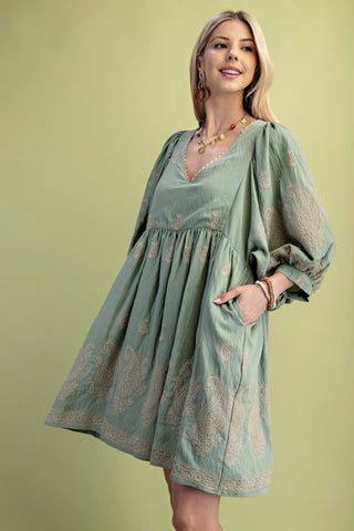 Sage Paisley Embroidered Mini Dress with Puff Sleeves FINAL SALE