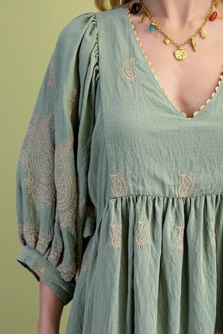 Sage Paisley Embroidered Mini Dress with Puff Sleeves FINAL SALE