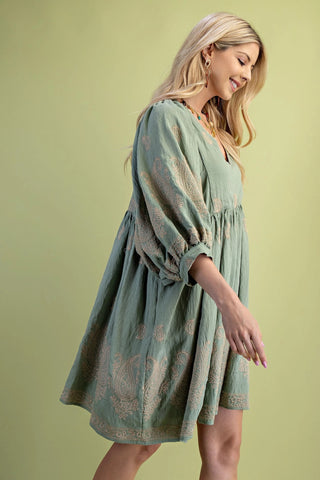 Sage Paisley Embroidered Mini Dress with Puff Sleeves FINAL SALE