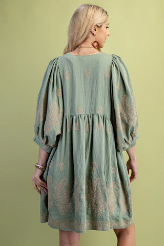 Sage Paisley Embroidered Mini Dress with Puff Sleeves FINAL SALE