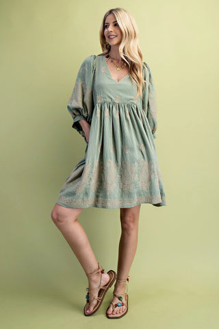 Sage Paisley Embroidered Mini Dress with Puff Sleeves FINAL SALE