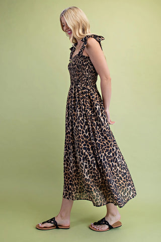 Leopard Printed Lined Midi Dress with Smocked Top and Ribbon Shoulder Ties FINAL SALE