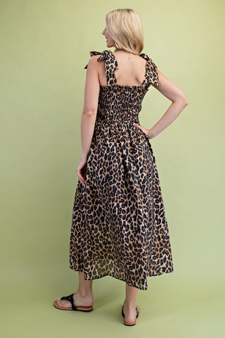 Leopard Printed Lined Midi Dress with Smocked Top and Ribbon Shoulder Ties FINAL SALE