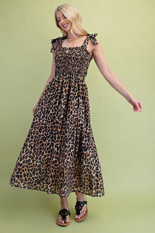 Leopard Printed Lined Midi Dress with Smocked Top and Ribbon Shoulder Ties FINAL SALE