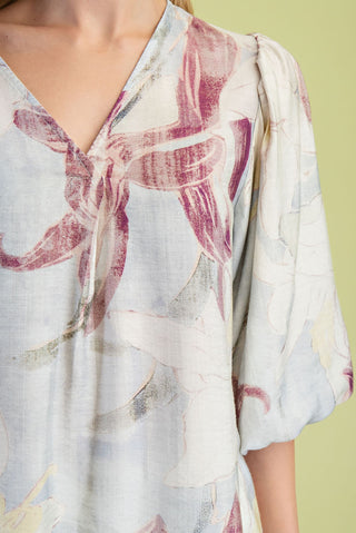 Floral Printed V-Neck Loose Fit Blouse with Balloon Sleeves Final Sale