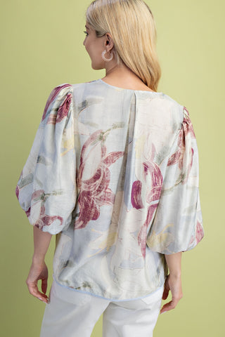 Floral Printed V-Neck Loose Fit Blouse with Balloon Sleeves Final Sale