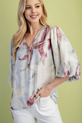 Floral Printed V-Neck Loose Fit Blouse with Balloon Sleeves Final Sale