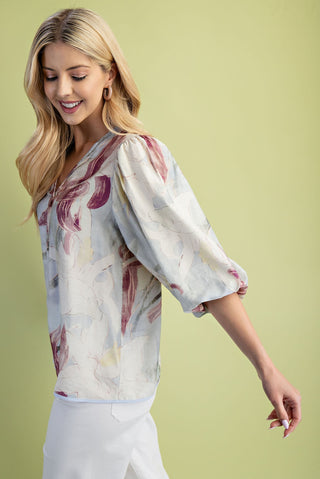 Floral Printed V-Neck Loose Fit Blouse with Balloon Sleeves Final Sale