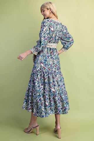 Cobalt Floral Print Tiered Half Button Midi Dress with Contrasting Fabric Details