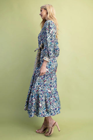 Cobalt Floral Print Tiered Half Button Midi Dress with Contrasting Fabric Details