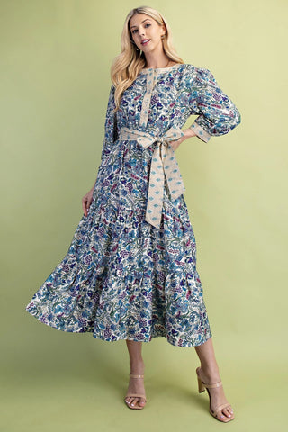 Cobalt Floral Print Tiered Half Button Midi Dress with Contrasting Fabric Details