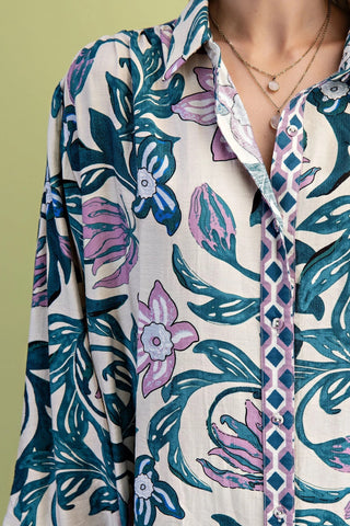 Teal Floral Print Button Down with Contrasting Print Accents Final Sale