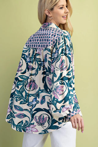 Teal Floral Print Button Down with Contrasting Print Accents Final Sale