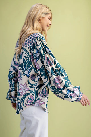Teal Floral Print Button Down with Contrasting Print Accents Final Sale