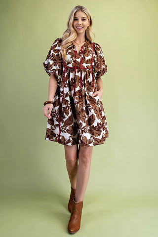 Brown Printed Babydoll Puff Sleeve Mini Dress with Pockets