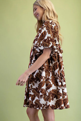 Brown Printed Babydoll Puff Sleeve Mini Dress with Pockets