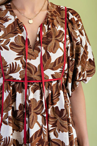 Brown Printed Babydoll Puff Sleeve Mini Dress with Pockets
