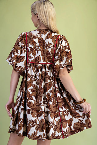 Brown Printed Babydoll Puff Sleeve Mini Dress with Pockets