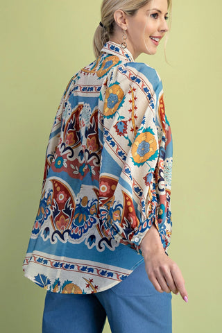 Slate Blue Loose Fit Button Down Shirt in a Bold Print Final Sale