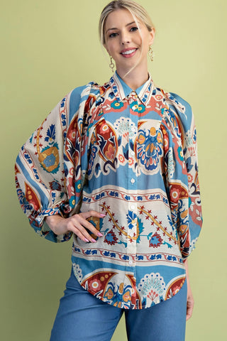 Slate Blue Loose Fit Button Down Shirt in a Bold Print Final Sale