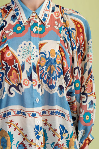 Slate Blue Loose Fit Button Down Shirt in a Bold Print Final Sale