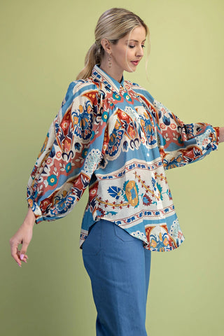Slate Blue Loose Fit Button Down Shirt in a Bold Print Final Sale