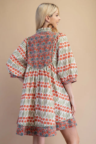 Coral Contrasting Fabrics Mini Dress with Pockets